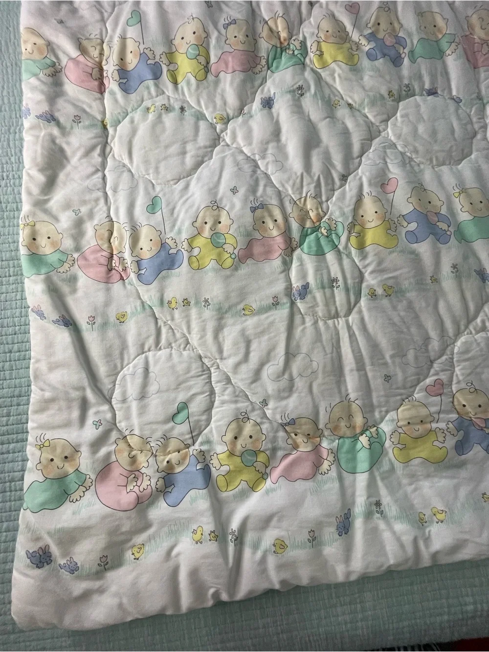 Vtg 80s Quiltex Baby Q Pastel Crawling Babies Quilt Blanket USA Made 30x45